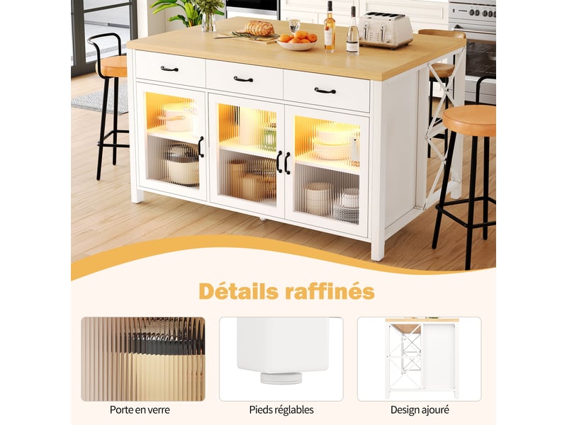  Îlot de cuisine blanc et naturel muvano, 3 tiroirs et portes vitrées, 150 x 80 x 90 cm  - Conforama E