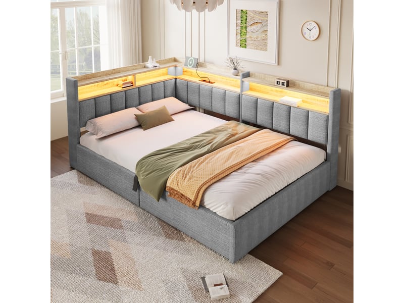 Lit banquette 140x200 cm gris en velours avec rangement hydraulique, led, usb et meuble latéral montable à gauche ou à droite Morn Vibe - Conforama C