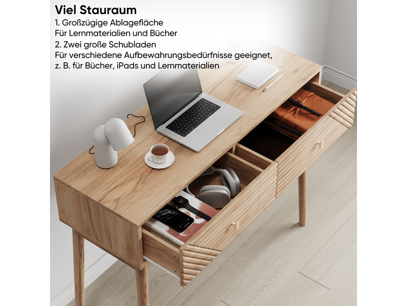  Bureau console avec 2 tiroirs et niches ouvertes style mid-century pour salon et entrée en mdf couleur chêne  - Conforama E
