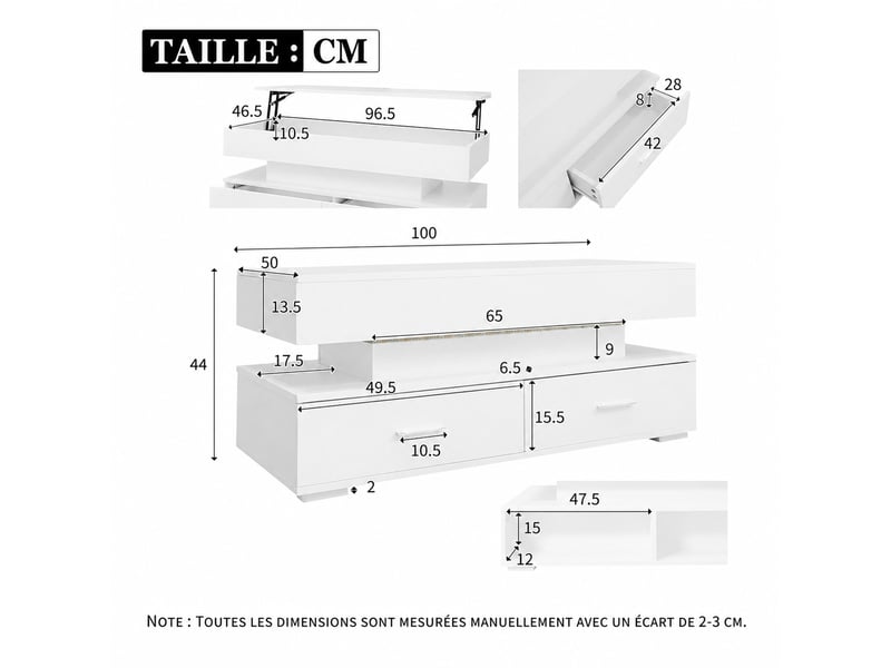  Table basse relevable hydraulique avec led et bluetooth – blanche – 100 x 50 x 44 cm  - Conforama D