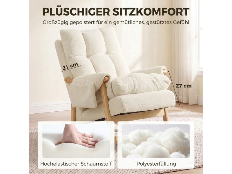 Fauteuil à bascule avec poches latérales, revêtement en flanelle et pieds en bois d'hévéa, blanc crème - Conforama E