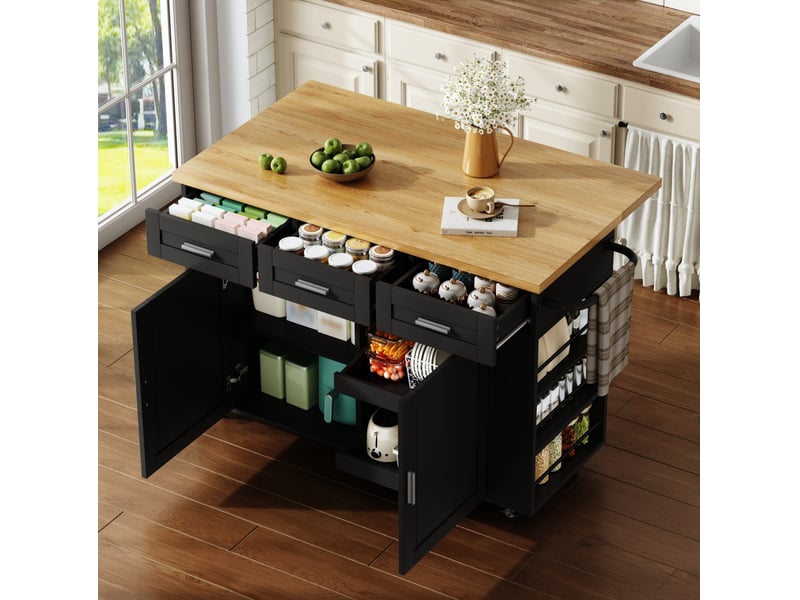  Îlot de cuisine mobile 120x70x84 cm avec plateau rabattable, tiroirs et prises, noir et naturel  - Conforama C