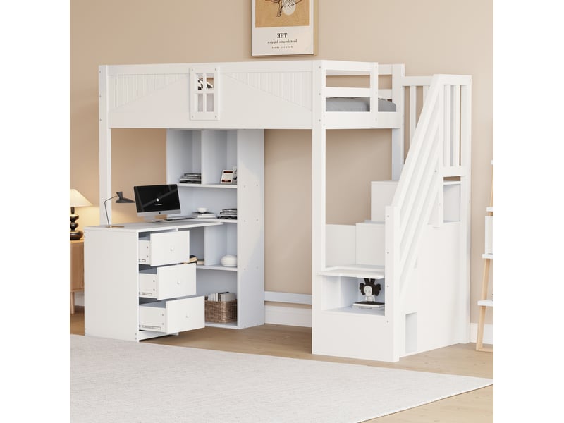 Lit mezzanine enfant 90 x 200 cm avec bureau, rangements et échelle réversible blanc - Conforama E