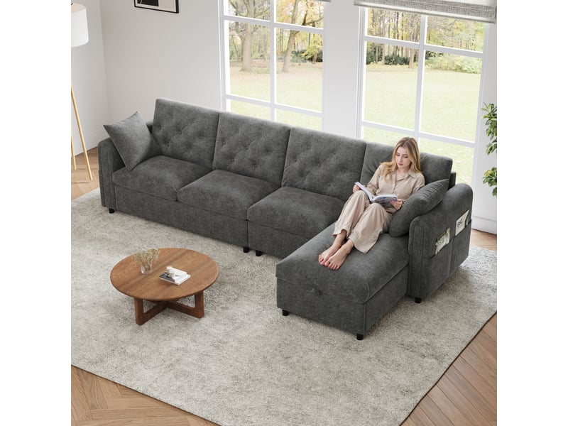  Canapé d'angle convertible en tissu, gris 4 places avec coffre de rangement, canapé réversible avec poches latérales pour salon moderne.  - Conforama B