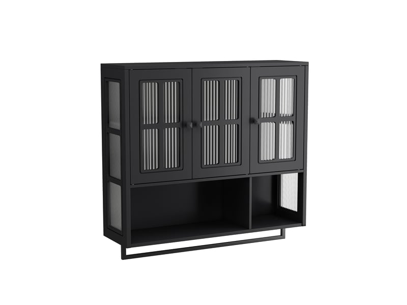  Armoire murale modèle bath 3 portes, noir, bois, rangement ouvert caché, porte vitrée, barre serviette  - Conforama A
