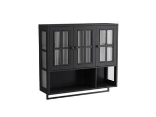 Armoire murale modèle bath 3 portes, noir, bois, rangement ouvert caché, porte vitrée, barre serviette