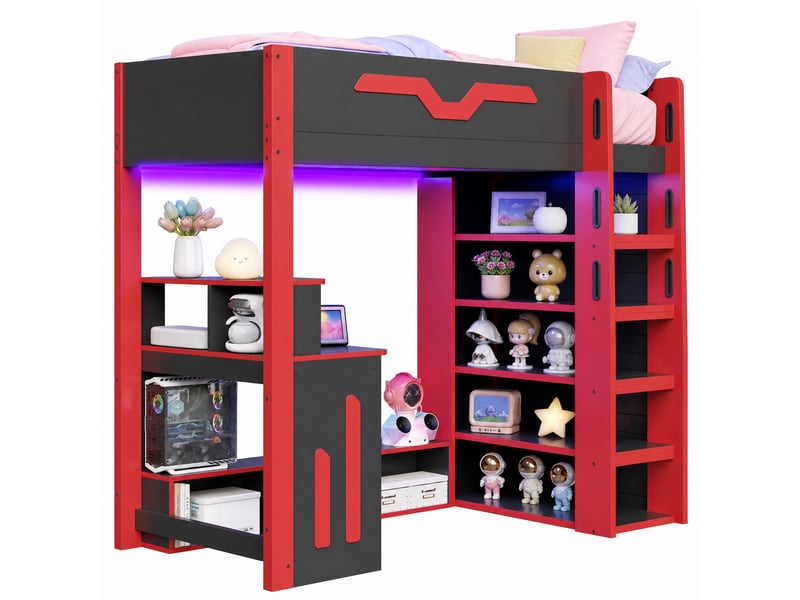  Lit mezzanine enfant 90×200 cm bureau, led et rangements  - sans matelas, bois dérivé - noir et rouge  - Conforama A