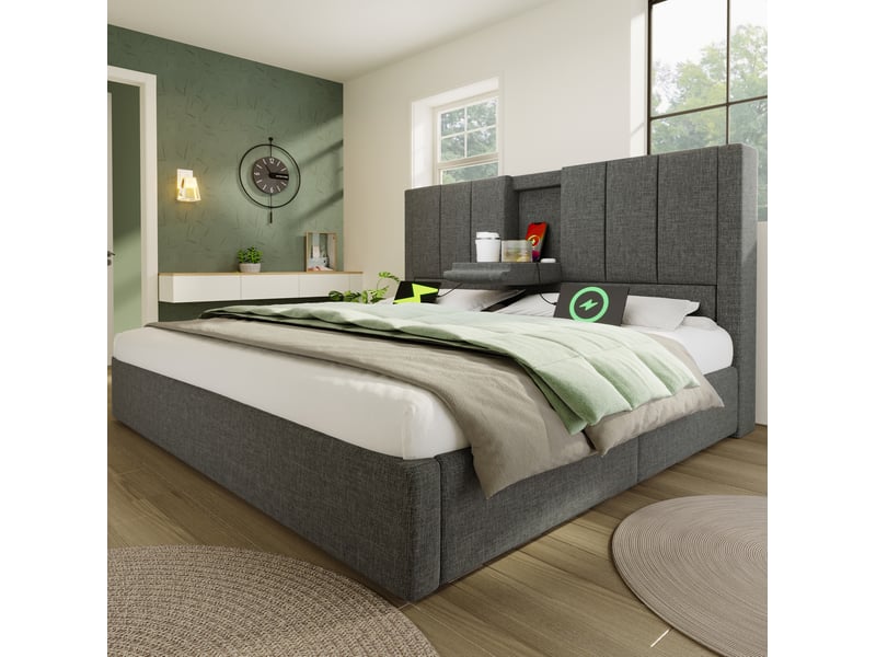  Lit coffre double 160x200 cm, espace de rangement, avec station de charge et porte-gobelet, lin, gris, matelas inclus  - Conforama E