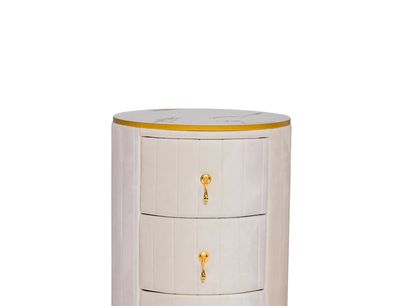  Table de chevet tcqpz ronde 40 x 40 x 52,5 cm 3 tiroirs velours blanc et détails dorés  - Conforama A