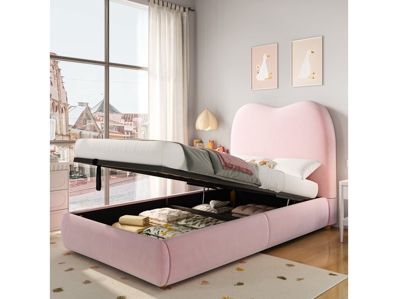 Lit enfant 90x200cm lit coffre sommier à lattes tête rembourrée 11cm mousse design moderne velours rose sans matelas - Conforama D