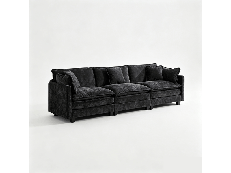 Canapé 3 places en chenille noir, canapé modulable avec coussin rembourré double couche pour salon ,pouf non inclus - Conforama A