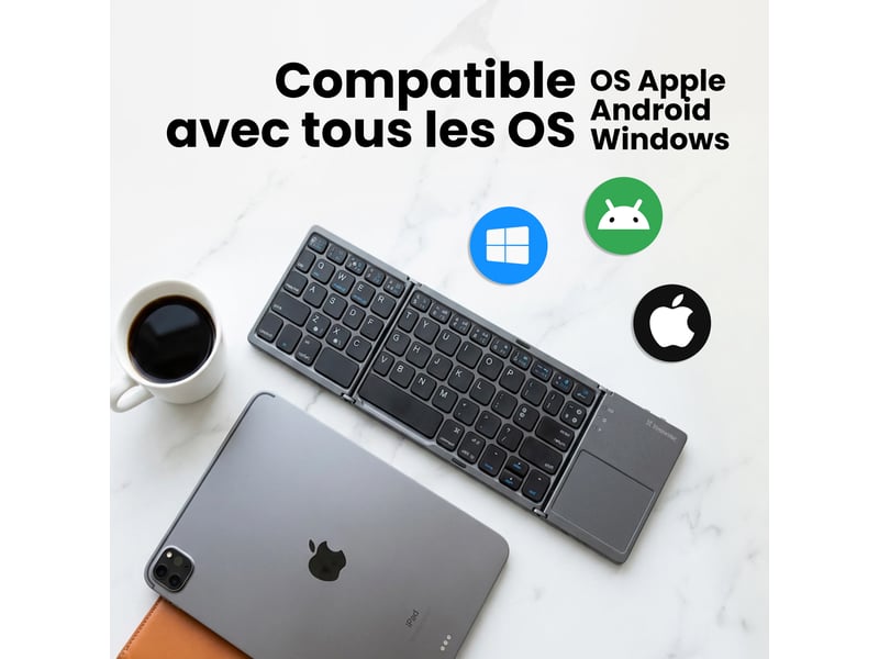  Xtrememac clavier bluetooth qwerty pliable avec touchpad rechargeable sans fil pour macbook ipad iphone pc android windows batterie 40h portable compact - gris  - Conforama E