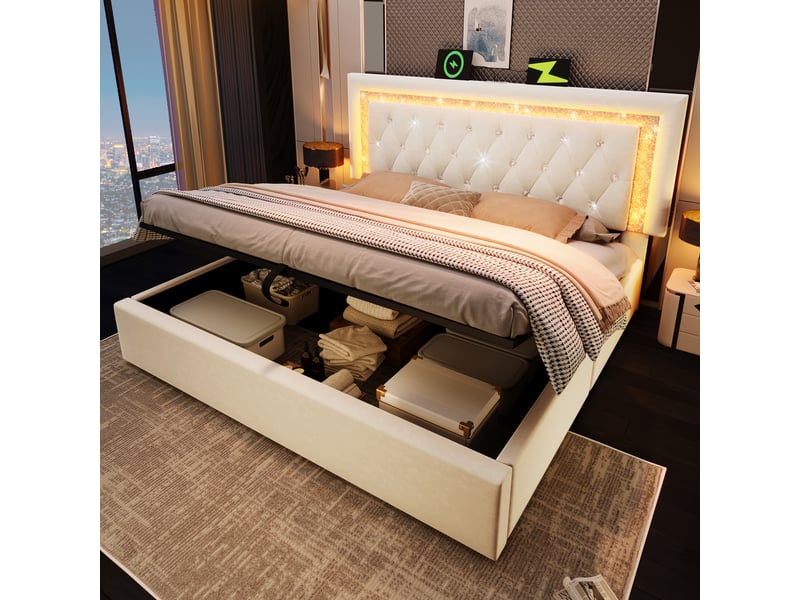 Lit coffre hydraulique 180x200 cm rembourré en velours beige avec led diamant, usb-c, tête de lit capitonnée et sommier à lattes Morn Vibe - Conforama C