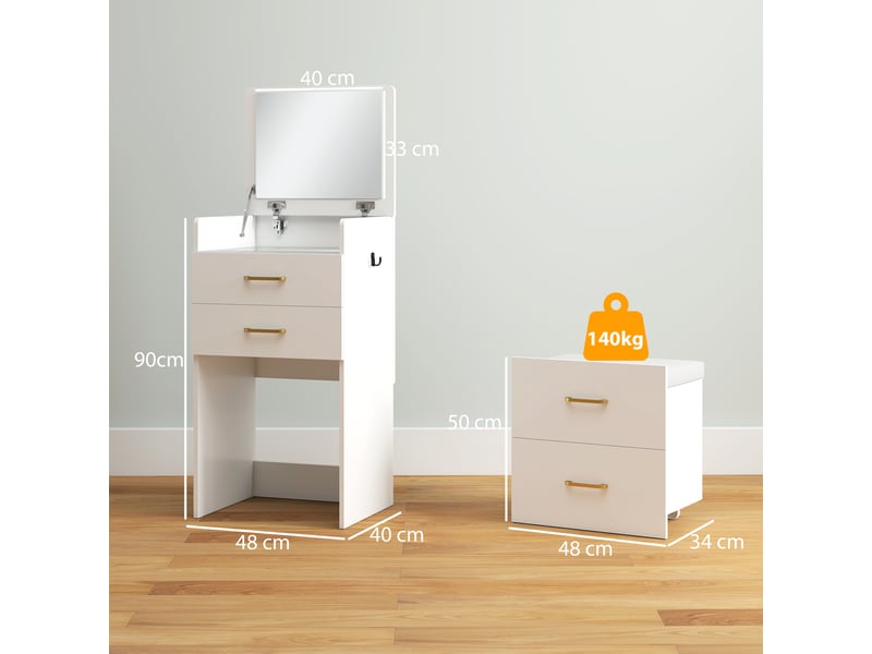  Coiffeuse 3 en 1 avec miroir, table de chevet, tabouret à roulettes et tiroirs, blanche  - Conforama E