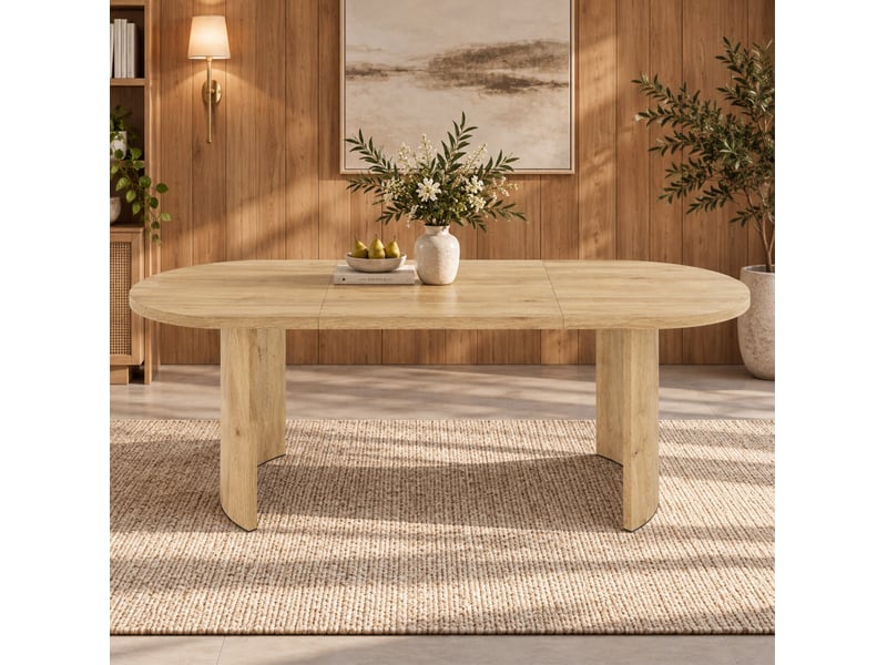  Table à manger 200 x 90 cm – chêne clair – plateau arrondi de 28 mm, pieds courbés pour 6 à 8 personnes  - Conforama D