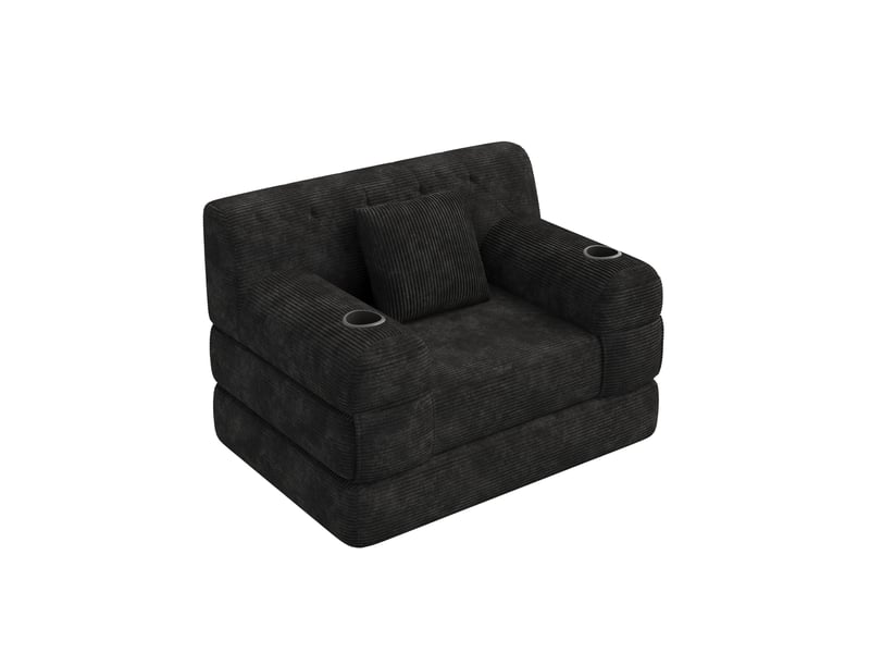  Canapé-lit 1 place tcqpz 107 x 80 x 81 cm convertible en velours côtelé noir avec 4 poches et 2 porte-gobelets  - Conforama A