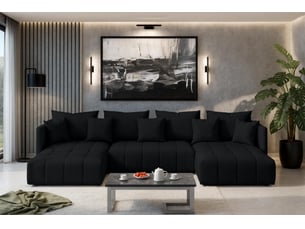 Canapé d'angle panoramique convertible <strong>AX LIVING </strong> <strong>VeliroU</strong> 6 places Velours noir avec coffre de rangement
