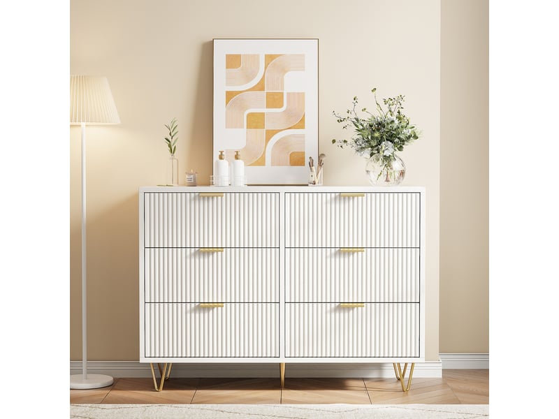 Commode blanche 6 tiroirs, commode chambre meuble de rangement moderne avec poignées et pieds dorés pour salon, chambre, bureau, blanc  - Conforama B