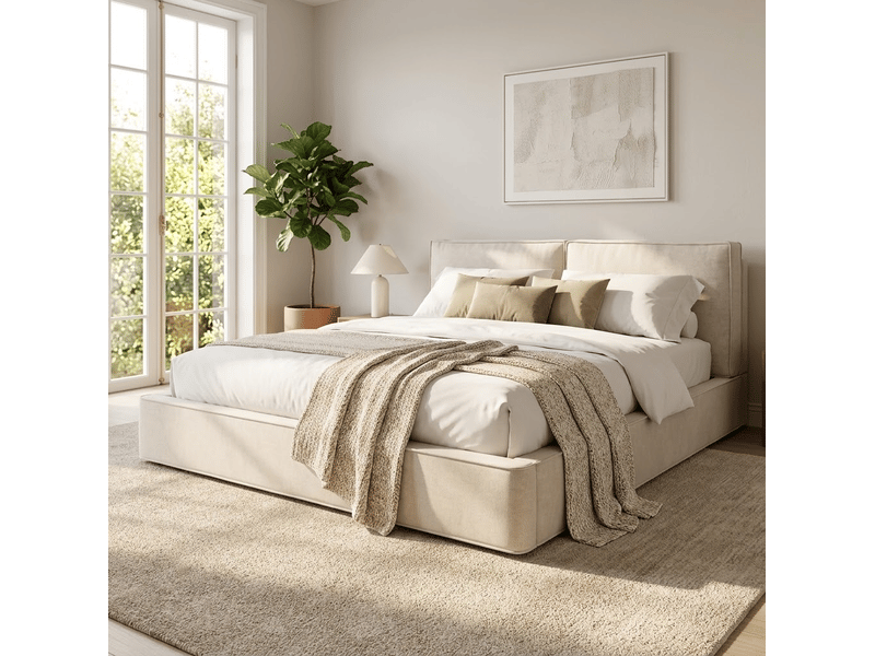  Lit coffre double 180 x 200 cm en chenille beige avec sommier à lattes  - Conforama B