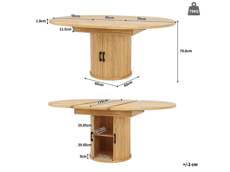  Table de salle à manger extensible ronde en mdf finition bois clair, 118 à 158 cm, jusqu'à 6 personnes, avec rangement  - Conforama C