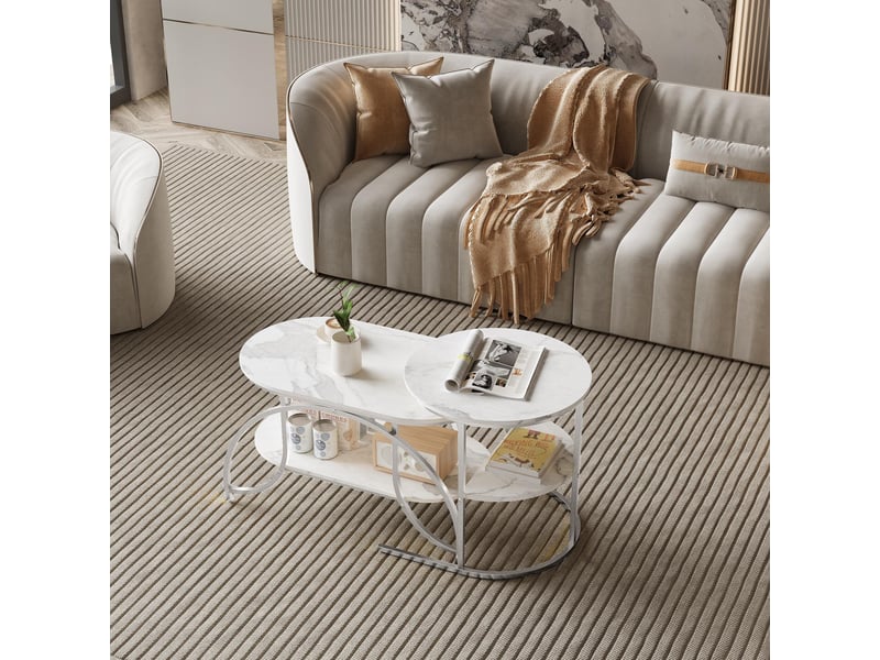  Table basse gigogne 114x46x51cm - plateau effet marbre étagère rangement cadre métal moderne salon - argenté et blanc  - Conforama D