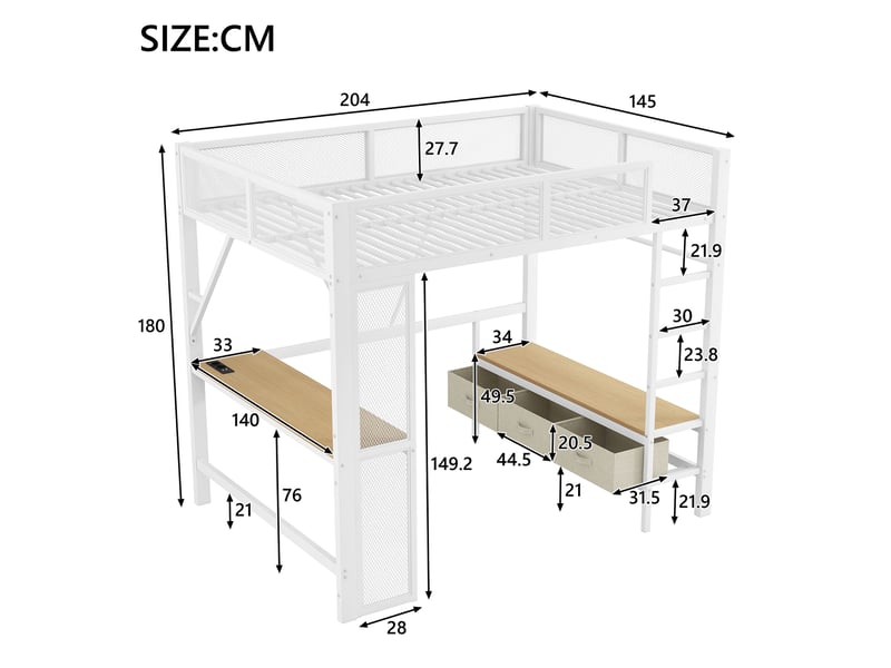 Lit mezzanine 140x200 cm coloris blanc led métal lit enfant blanc - Conforama C