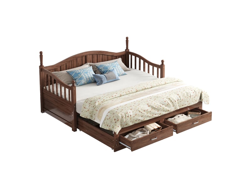  Canapé-lit gigogne extensible 90x190 cm en bois, dossier galbé, accoudoirs colonnes et tiroirs, finition noyer, sans matelas  - Conforama A