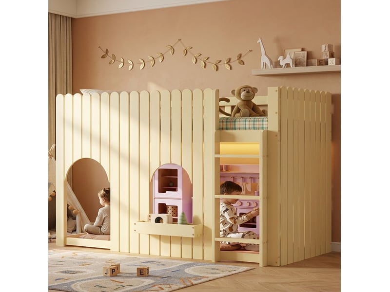  Lit mezzanine enfant simple 90x200 cm, led et échelle 3 marches, style contemporain, bois et mdf, naturel sans matelas  - Conforama D