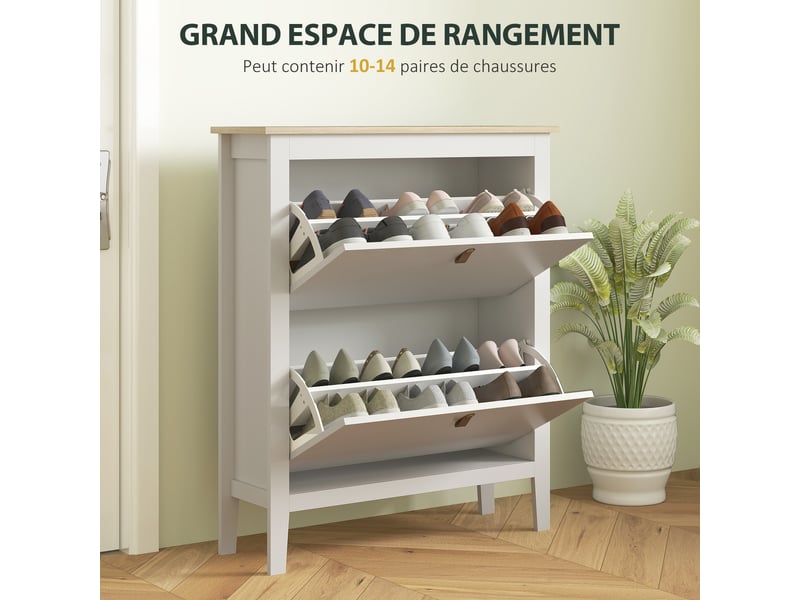  Meuble à chaussures 14 paires, armoire à chaussures avec 2 tiroirs rabattables, étagères amovibles et réglables, blanc  - Conforama E