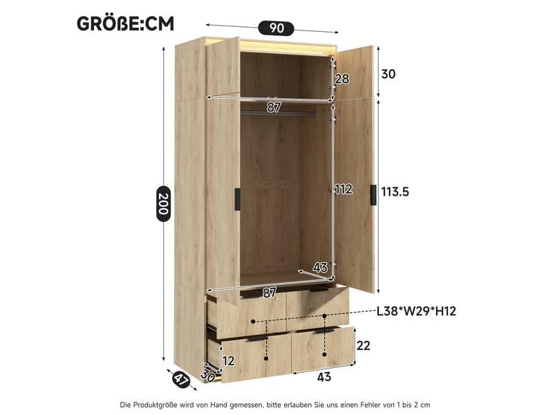  Armoire 2 portes avec miroir, 4 tiroirs, penderie et éclairage led pour chambre en mdf chêne 90 × 47 × 200 cm  - Conforama C