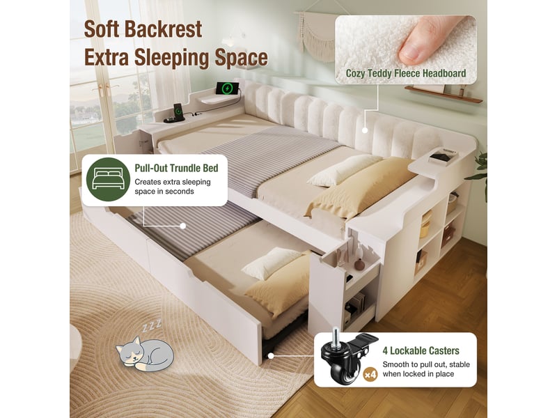 Lit avec rangement 140 x 190 cm, lit gigogne, sommier métallique, cadre en bois avec station de charge, rangement dissimulé blanc - Conforama E