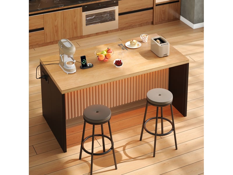  Table de bar 155x80x90 cm avec led et prises usb, décor bois et noir  - Conforama E