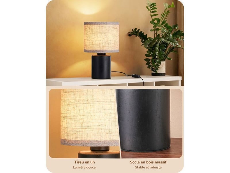  Lampe de table led 30 cm pied bois noir abat-jour lin beige ampoule e27 4w blanc chaud 2700k 370618_AADAA21761_6_DROPFR - Conforama B