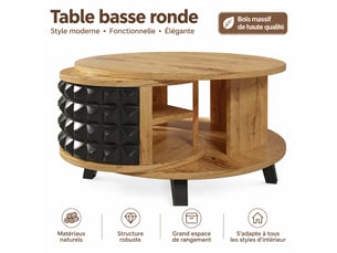 Table basse pivotante à 360° avec rangement caché, bois naturel et noir, 85,2 x 80 x 45,2 cm