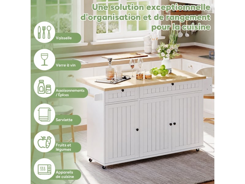  Îlot de cuisine avec plan de travail rabattable, rangement intégré et roulettes verrouillables, blanc  - Conforama C