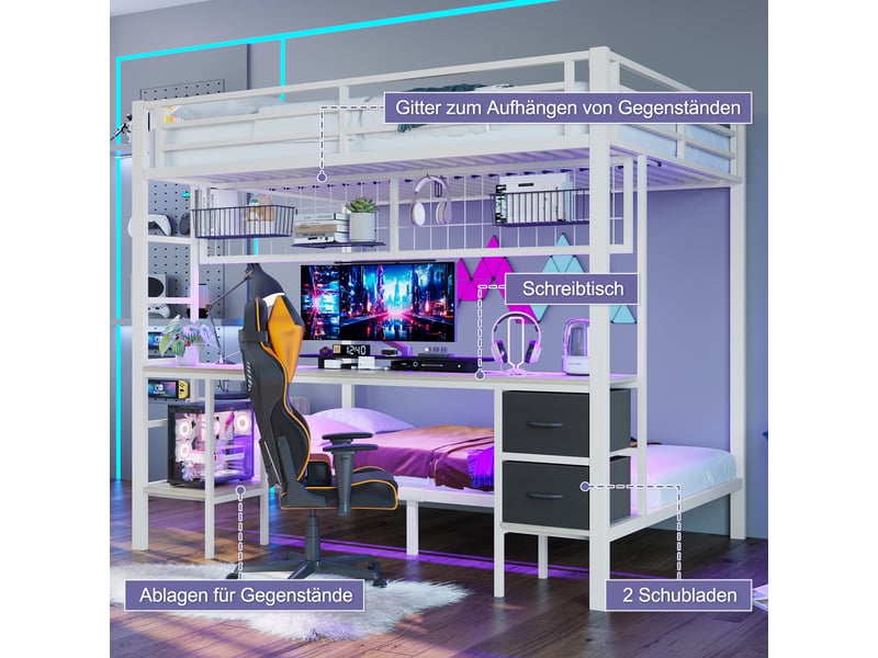 Lit mezzanine double 140×200 cm avec bureau, tiroirs, led et usb - sans matelas, métal - blanc - Conforama E