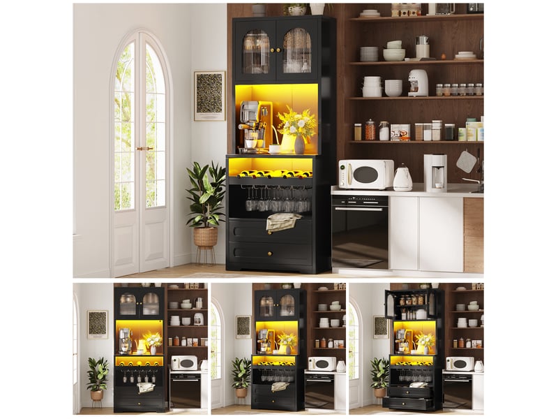 Meuble de cuisine muvano, buffet haut vitré noir avec led, 70 × 40 × 180 cm - Conforama D