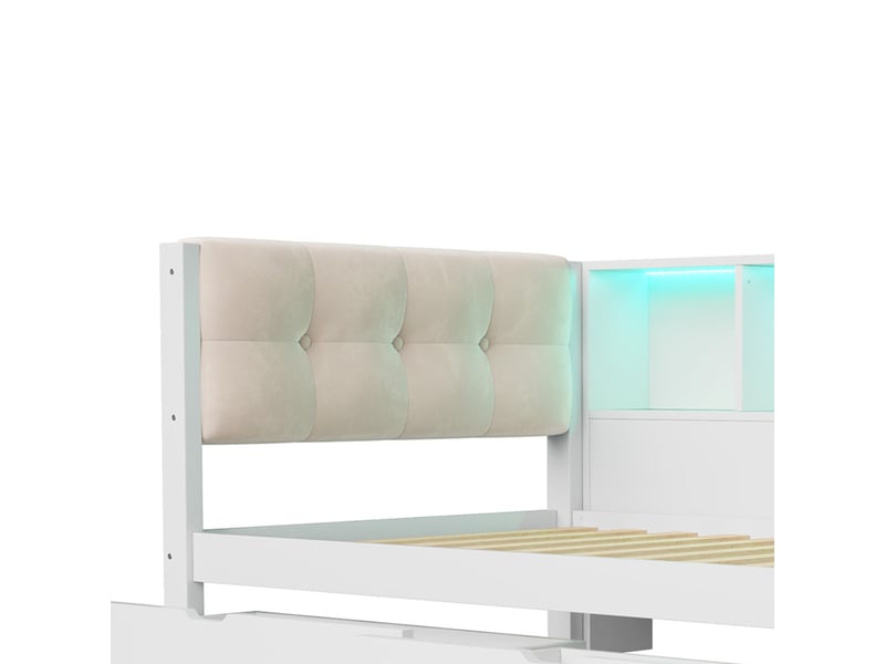 Lit banquette,90x200 cm,avec tiroirs, étagères, led réglable et usb,blanc - Conforama E