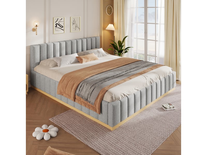  Lit plateforme 180x200 cm gris, tissu chenille, tête de lit rembourrée, sommier à lattes inclus, structure anti-glissement  - Conforama R