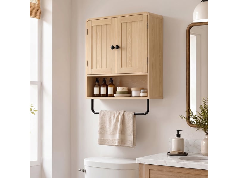  Armoire murale salle de bain, finition chêne, 2 portes, étagères et porte-serviettes, 60 cm  - Conforama C