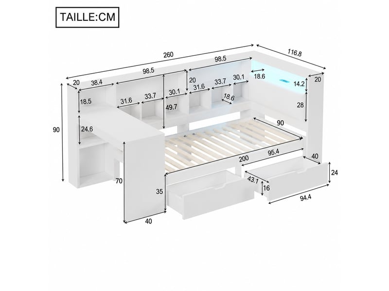  Lit avec rangements 90x200 cm, lit simple avec bureau et bibliothèque, tiroirs et étagères, led multicolores, tête lin rembourrée - blanc  - Conforama C