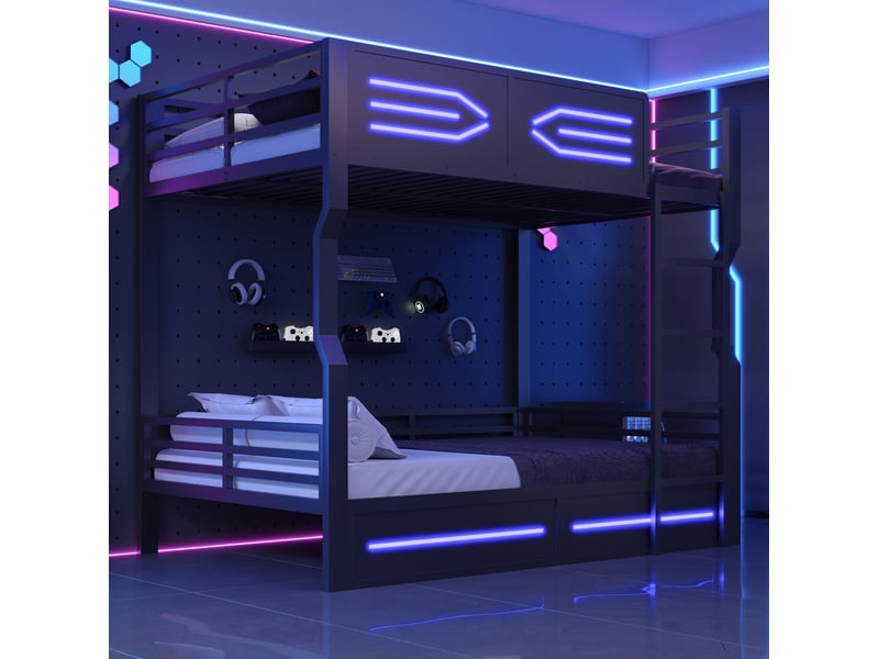  Lit superposé 140x200 cm noir en métal avec led, échelle droite et garde-corps haut pour adolescents, sans matelas  - Conforama E