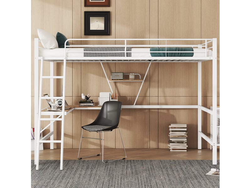  Lit mezzanine 90x200 cm avec bureau en l, métal et mdf, coloris blanc  - Conforama D