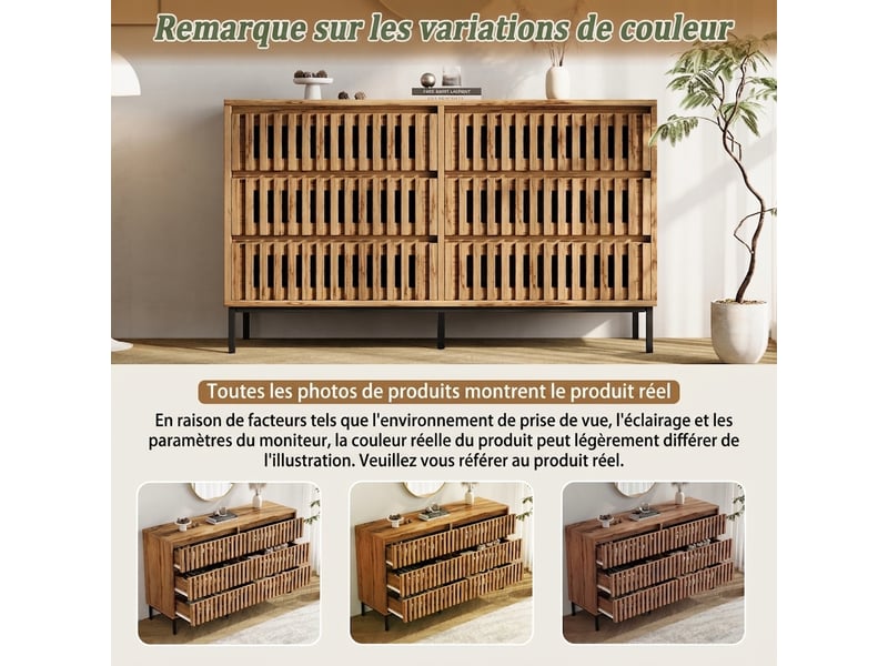 Buffet en bois avec 6 tiroirs à façade ajourée, large plateau 120 cm, pieds métalliques surélevés, design scandinave - Conforama D
