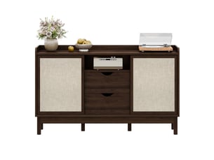 Commode 2 tiroirs et 2 portes coulissantes, 150 x39,5 x 80 cm, style vintage, design « color-block », couleur noyer