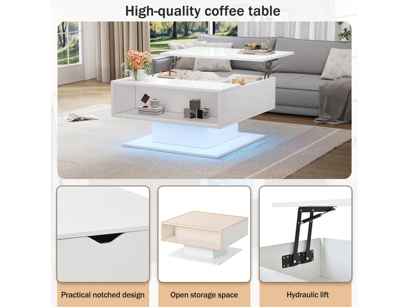  Table basse relevable avec led et rangement - lpospi - plateau brillant en panneaux de particules blanc 80 × 75 × 40 cm  - Conforama E