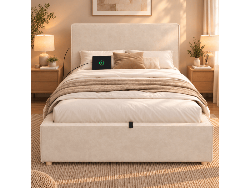  Lit coffre rembourré 90x200 cm -  avec tête de lit et sommier à lattes - rangement coffre -tissu chenille - beige (sans matelas)  - Conforama D