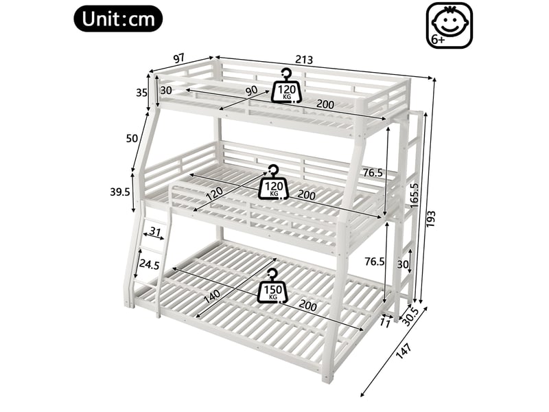  Lit superposé 140x200 cm à 3 niveaux, échelle réversible, en métal, blanc, sans matelas  - Conforama C