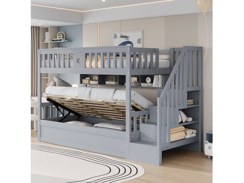 Lit superposé 90 x 200 cm avec rangement hydraulique, étagères et escalier gris - Conforama B