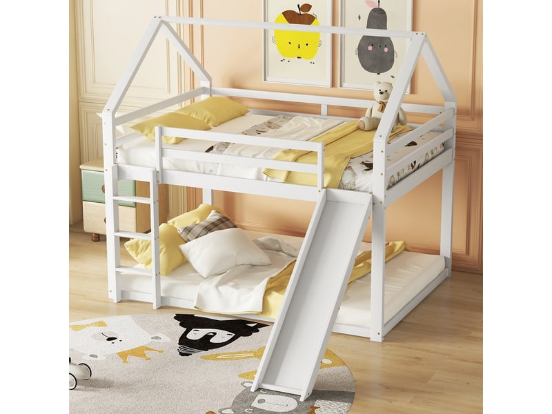  Lit cabane superposé 140x200 cm, lit enfant avec toboggan et échelle de sécurité, structure en bois massif pour chambre, blanc et gris  - Conforama E